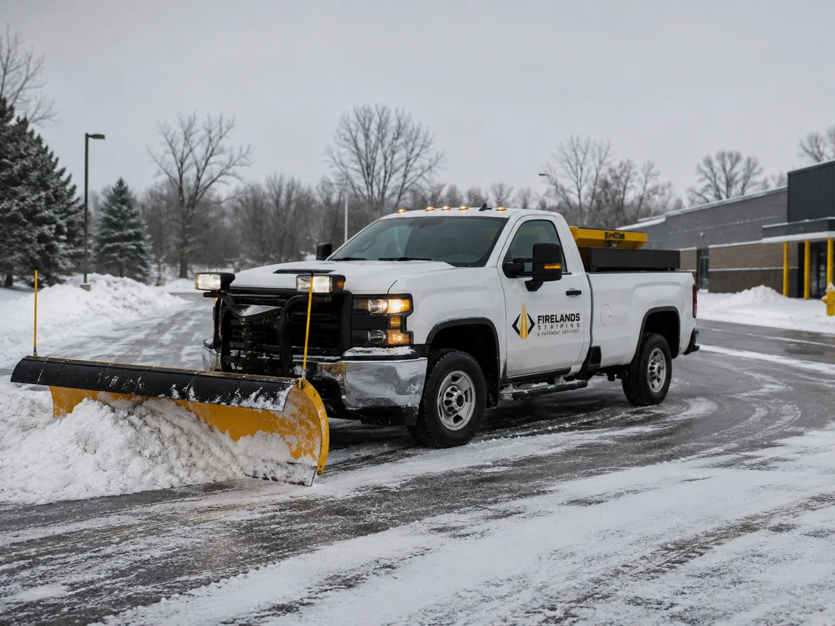 Firelands snow plow truck clearing an Ohio parking lot
